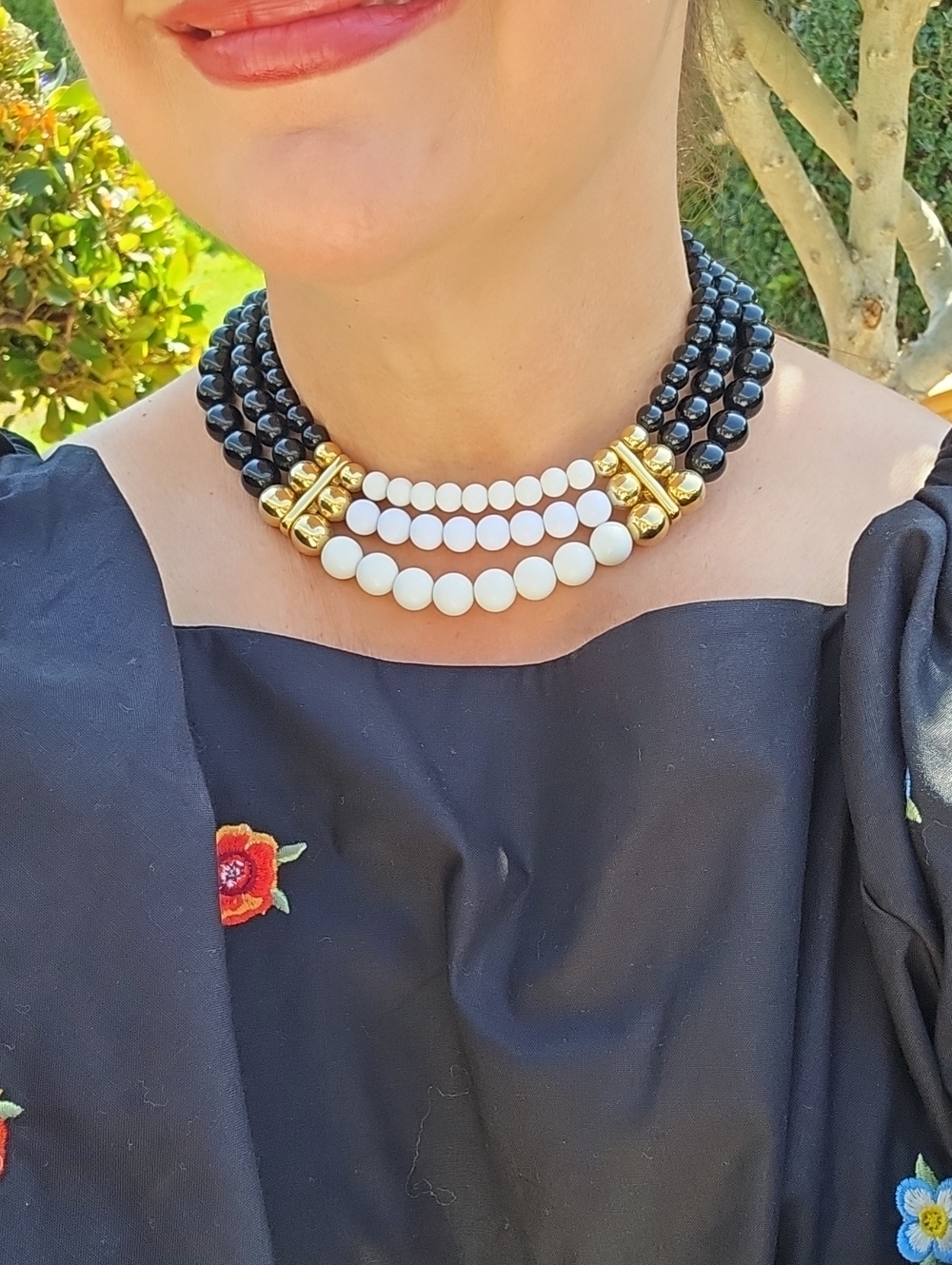 Givenchy Black, White and Gold Triple-Strand Beaded Necklace